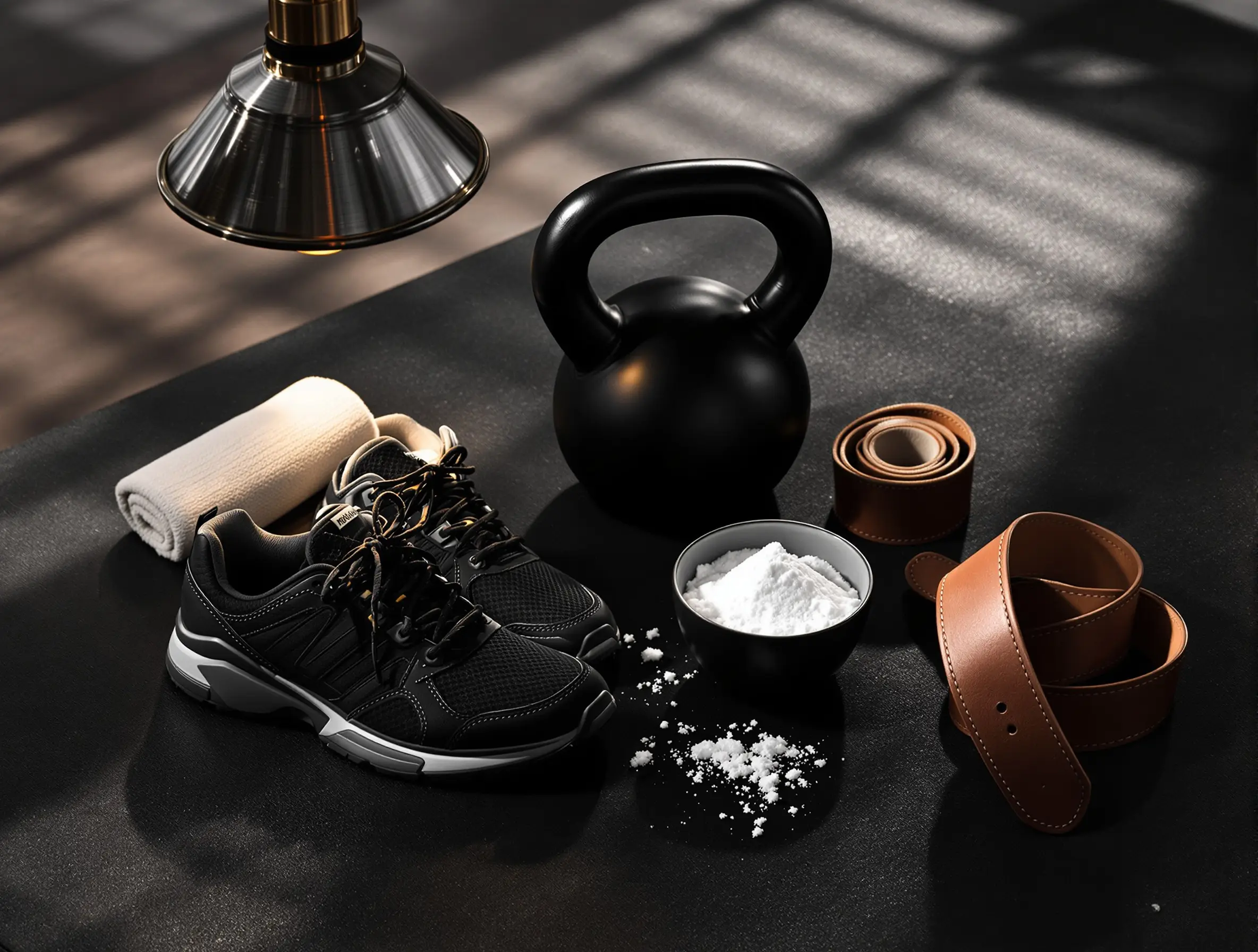 Detail, training tools on rubber matting, chalk bowl, leather belt, kettlebell