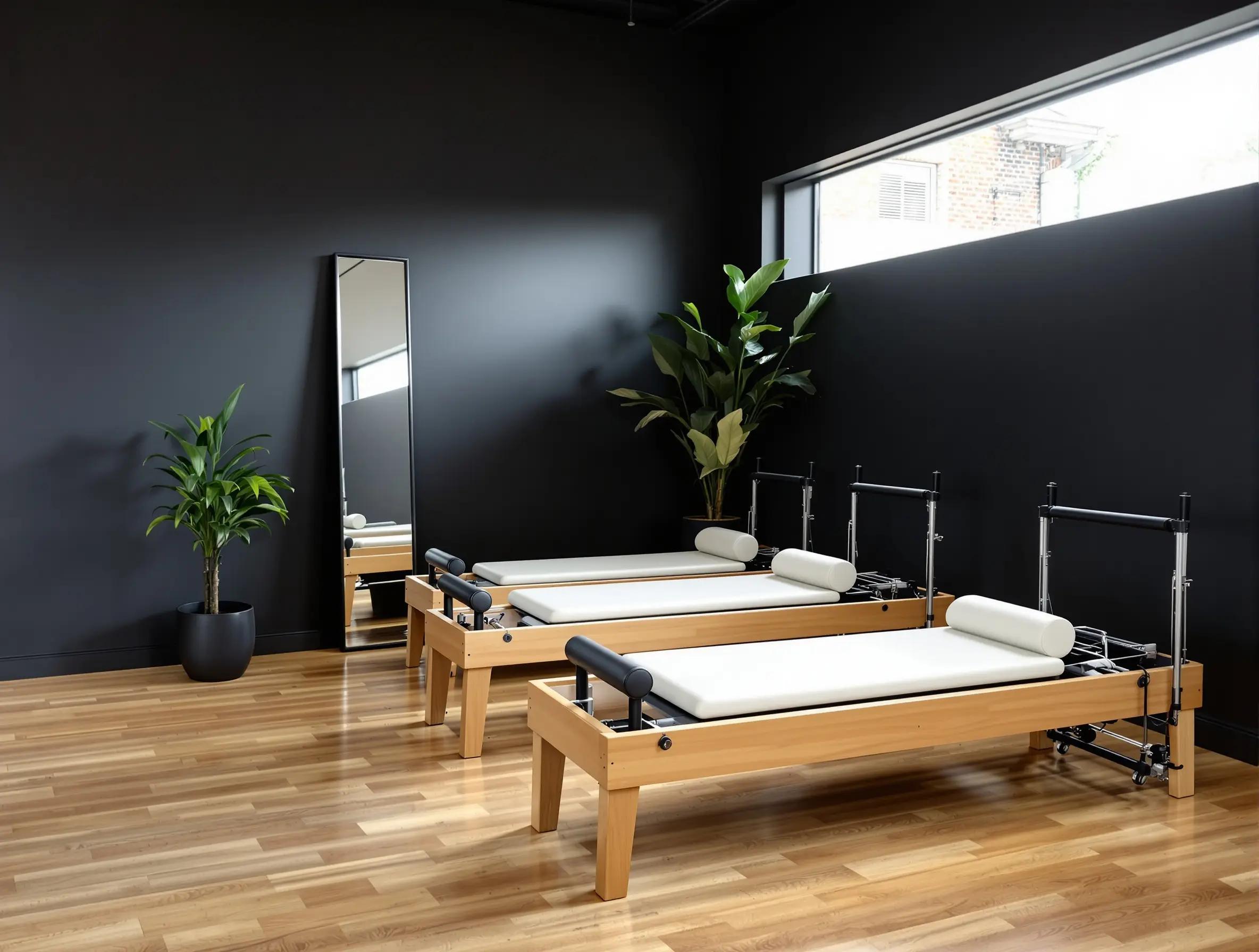 Reformer pilates studio, wooden reformers on oak floor, matte black walls