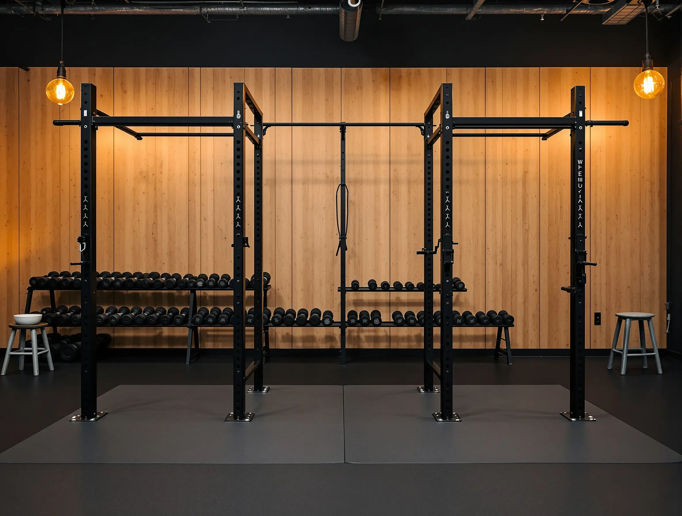 Strength floor, squat racks, dumbbell wall, warm oak cladding